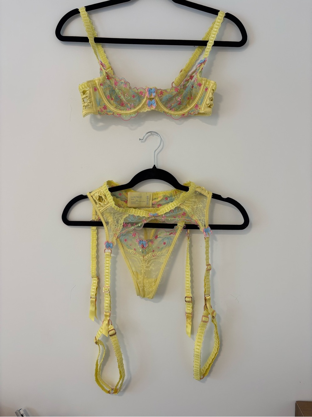 Yellow Floral Lace Bra, Garter & Thong Set